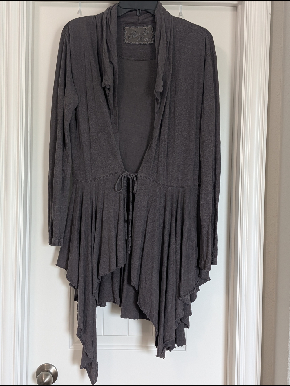 Women’s Dark Gray Draped Open-Front Cardigan with Tie Waist